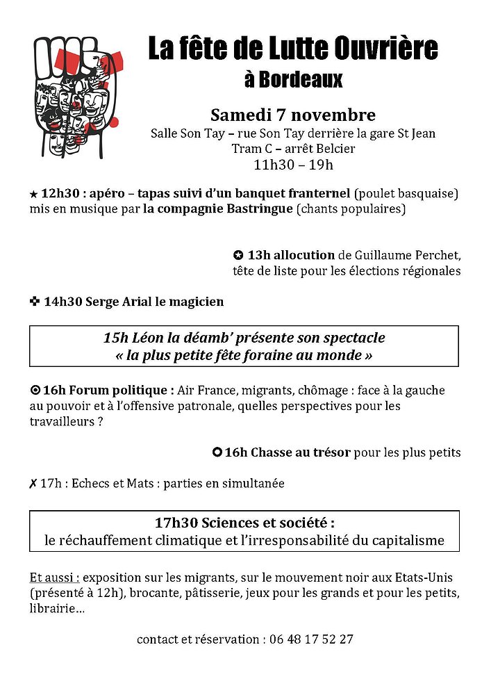 Le programme de la fête de Lutte Ouvrière à Bordeaux - 7 novembre 2015