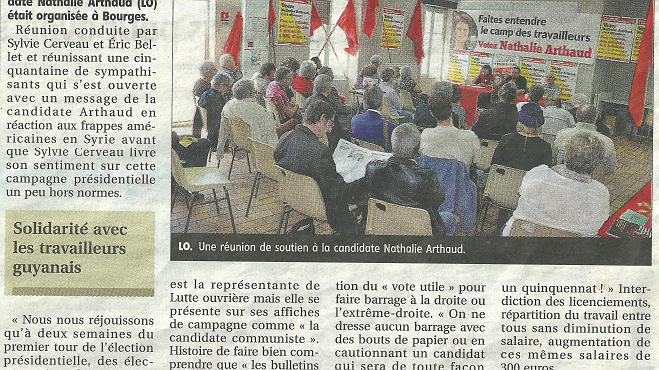 Illustration - Réunion de soutien à la candidate Nathalie Arthaud (LO) : ”La seule alternative c'est nous !”