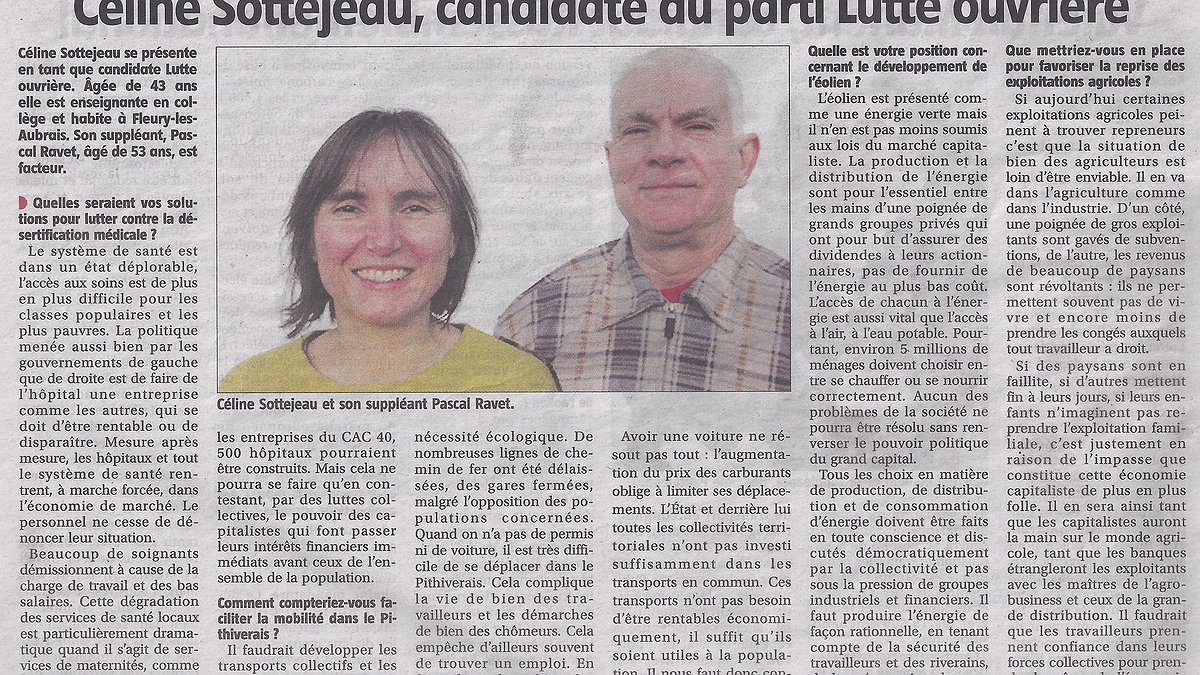 Illustration - Céline Sottejeau, candidate du parti Lutte ouvrière (5e circ. du Loiret)