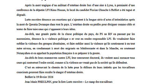 Illustration Communiqué de Jean-Marie Pheulpin, qui dirige la liste : "Lutte Ouvrière, le camp des travailleurs" à Belfort