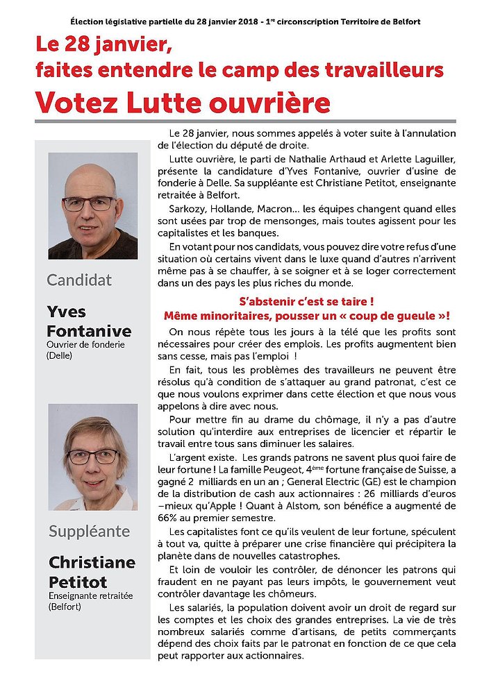 Tract de la campagne pour la législative partielle à Belfort - Janvier 2018