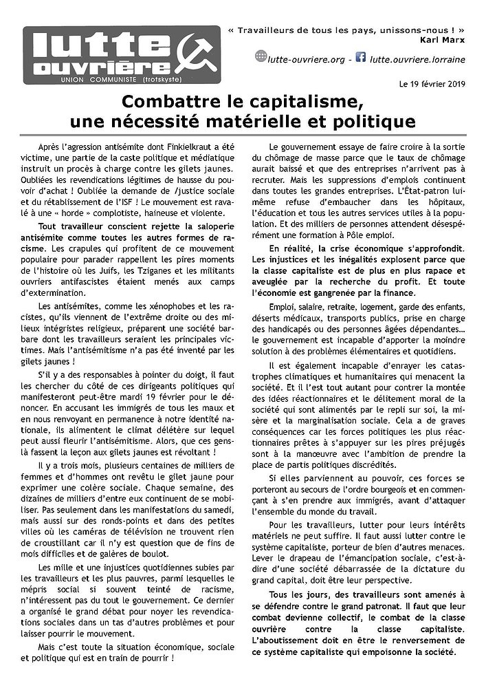 Illustration - Tract Lutte ouvrière 20 février 2019