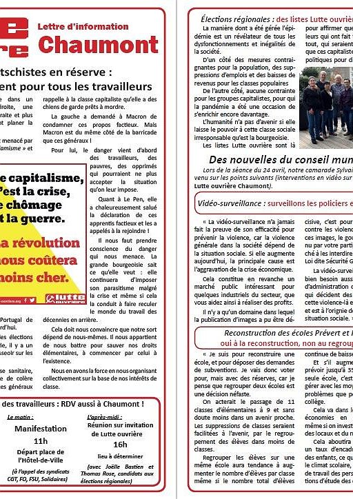 Lettre d'information Lutte ouvrière Chaumont (26 avril 2021)