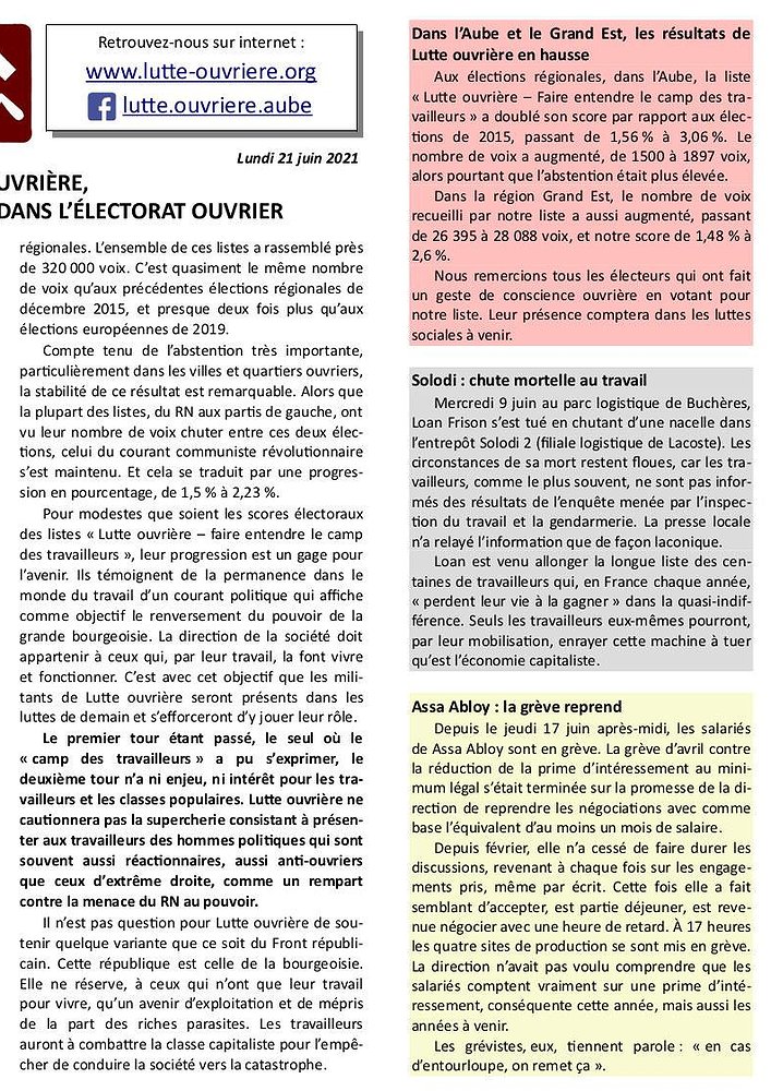 Illustration - Lettre d'information de Lutte ouvrière Aube (21 juin 2021)