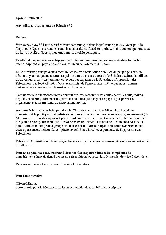 Illustration - Réponse au communiqué de Palestine 69