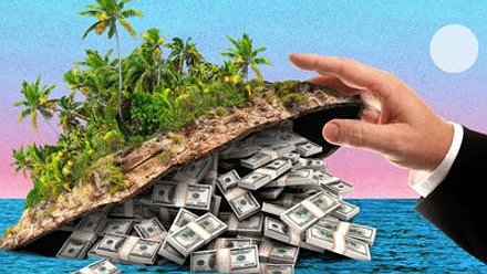 Illustration - Les capitalistes, leurs paradis terrestres et leur apôtre Macron